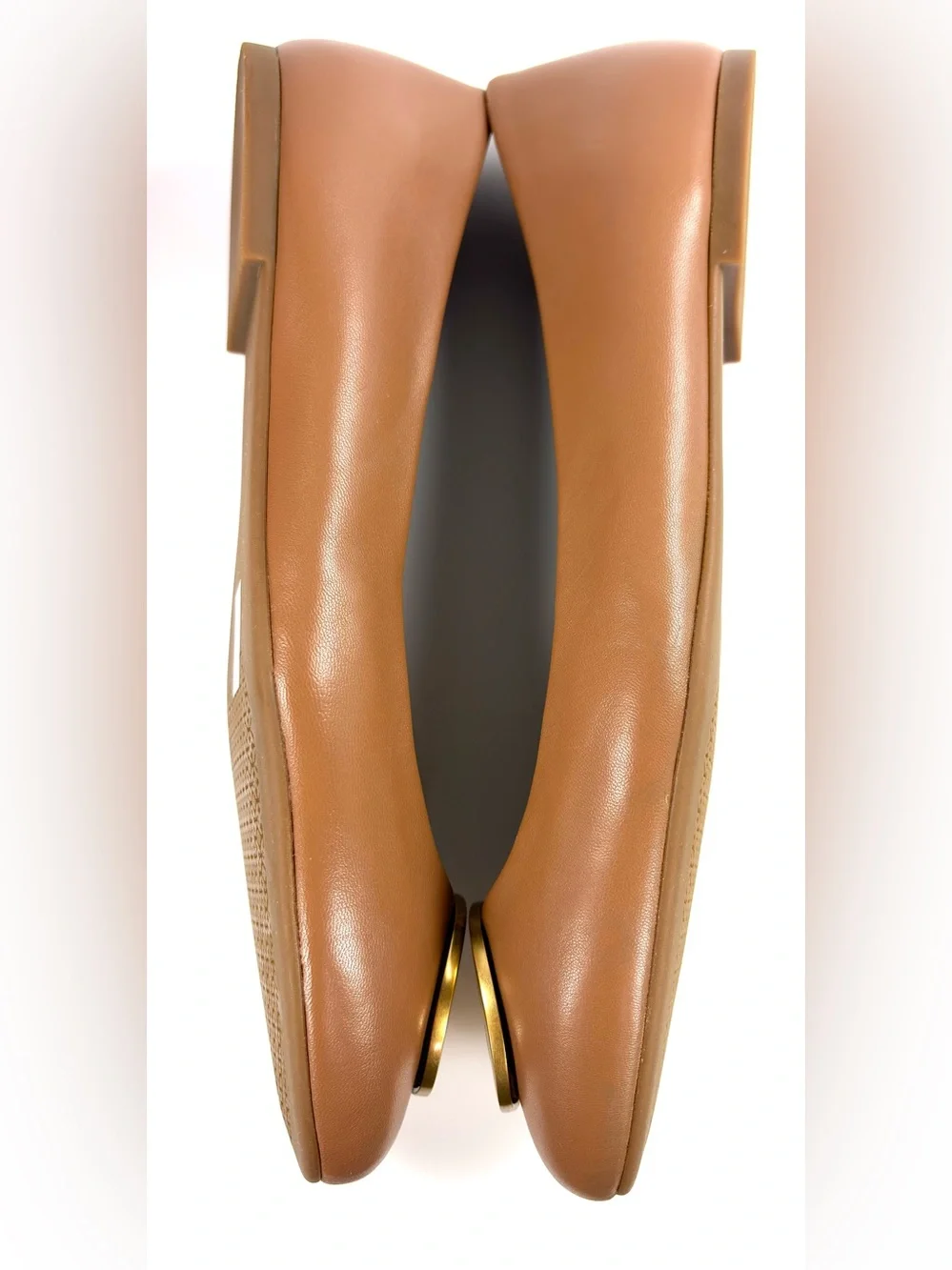 Tory Burch Reva Ballet Flats 10.5 Camel Leather Gold Logo Medallion Shoes